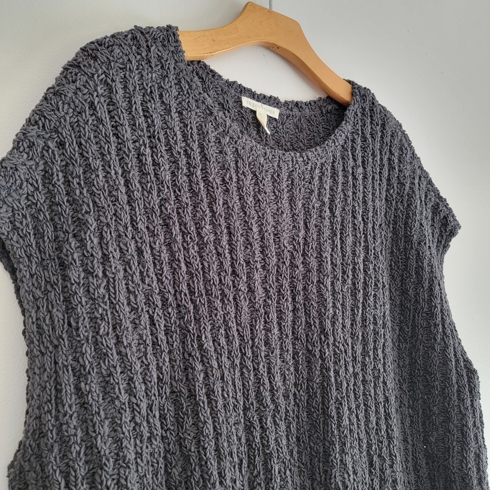 Eileen Fisher Charcoal Organic Cotton Fluff Crew Neck Vest Boucle Knit Top M - Picture 3 of 11